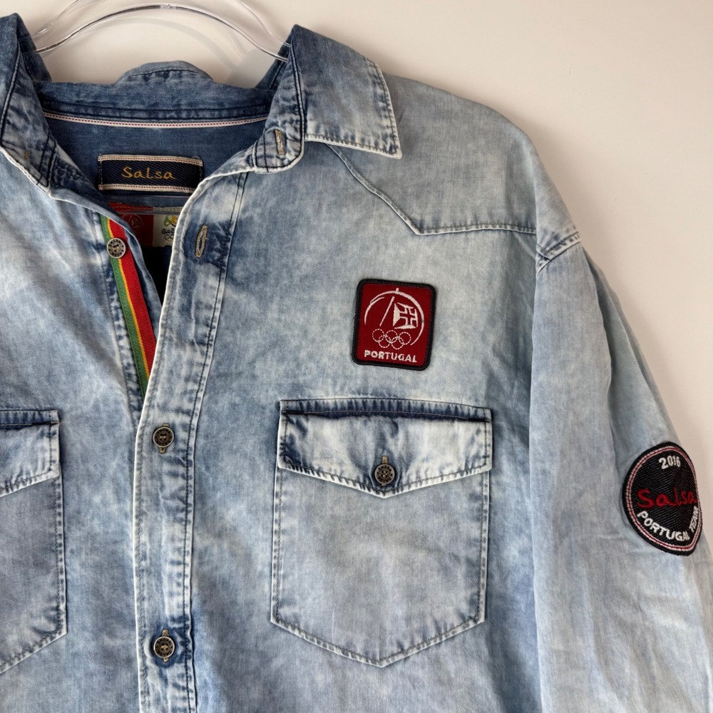 Salsa Rio 2016 Olympics Denim Portugal‎ Shirt Patches Mens L Western